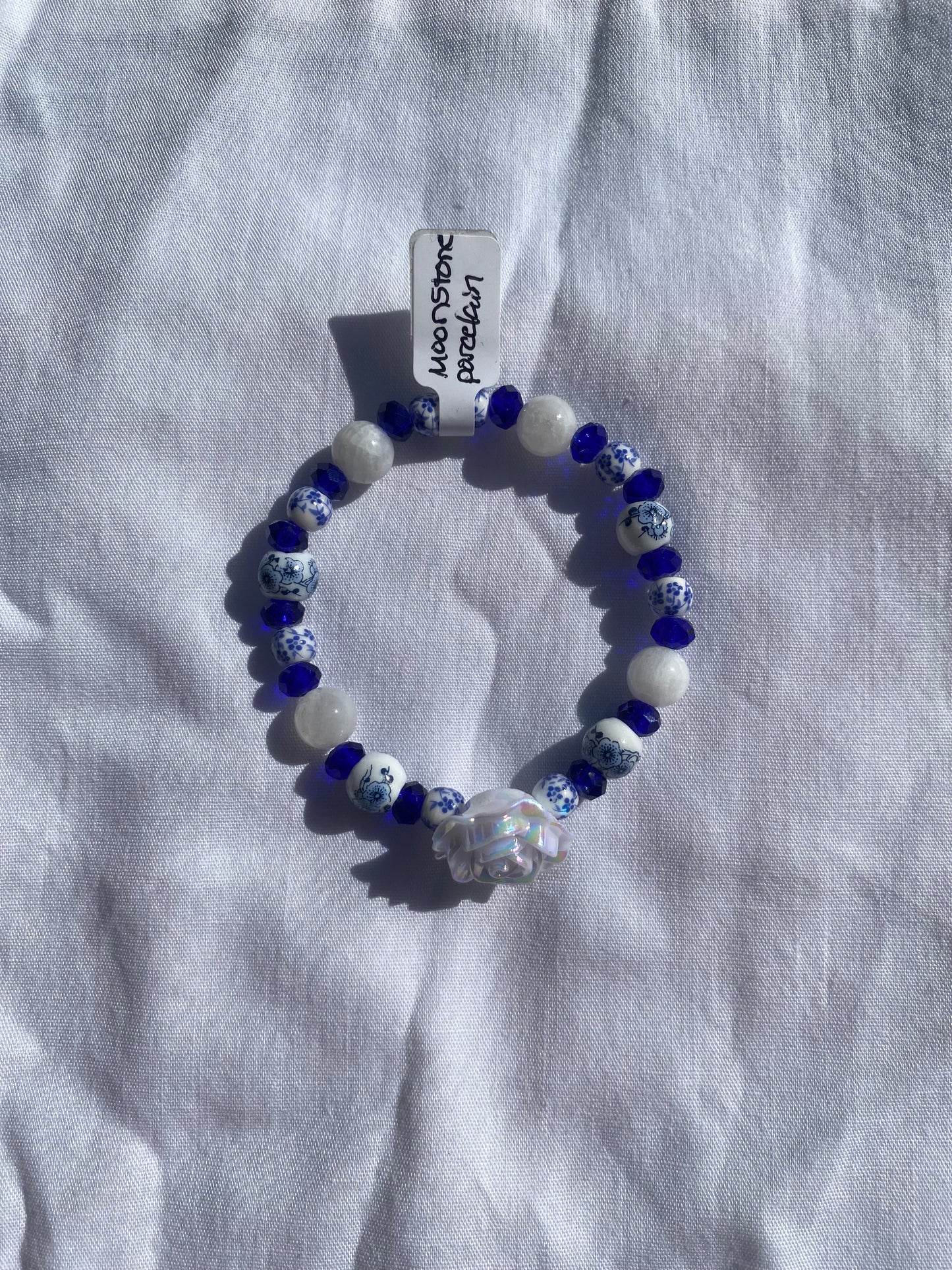 Blue & White Flower-Themed Beaded Stretch Bracelet w/ Moonstone