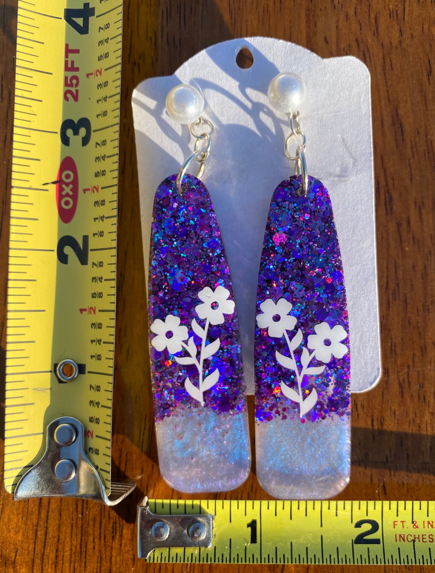 Purple Glitter Flower Dangle Earrings