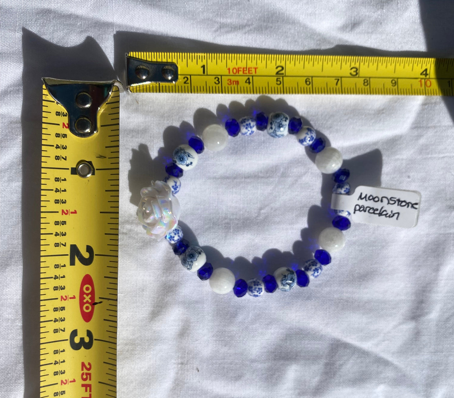 Blue & White Flower-Themed Beaded Stretch Bracelet w/ Moonstone