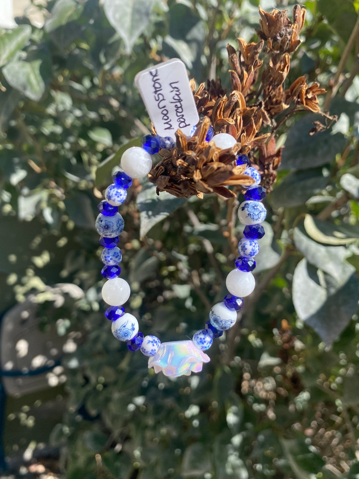 Blue & White Flower-Themed Beaded Stretch Bracelet w/ Moonstone