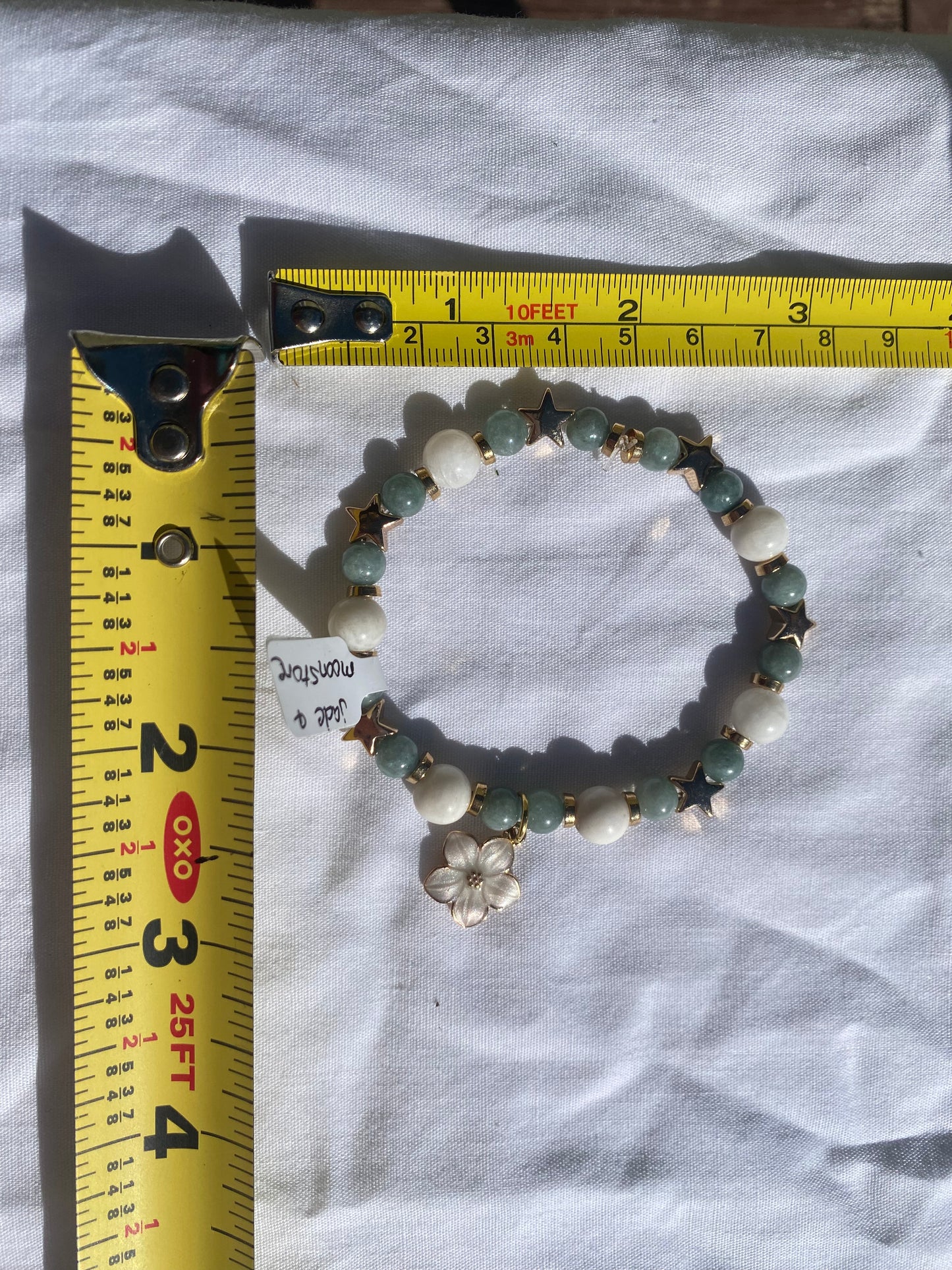 Moonstone & Jade Stretch Beaded Bracelet w/ White Sakura Charm