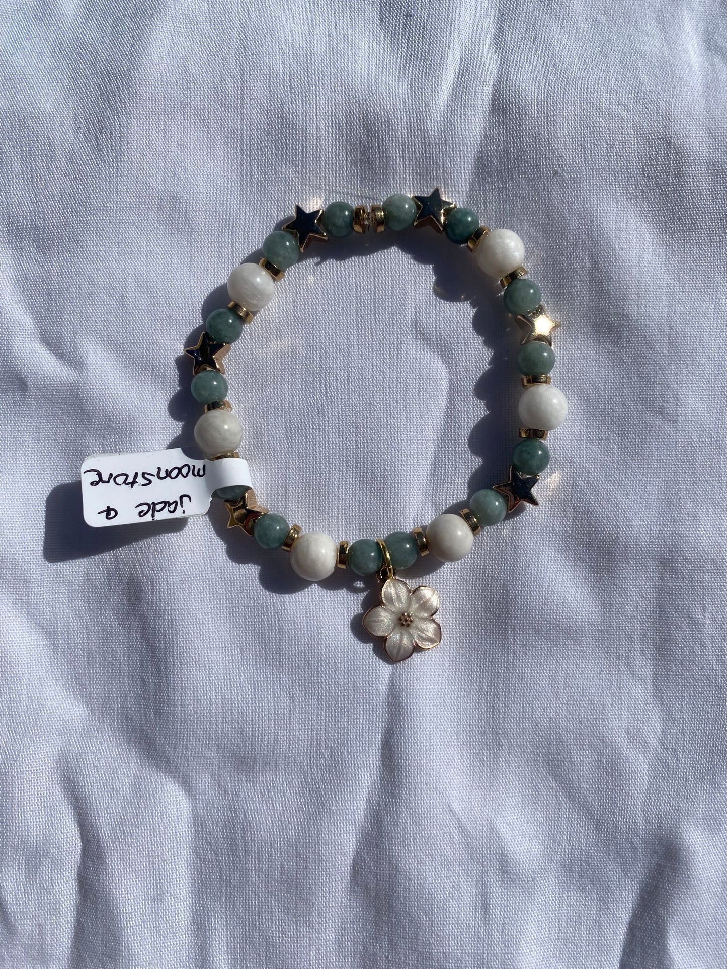 Moonstone & Jade Stretch Beaded Bracelet w/ White Sakura Charm