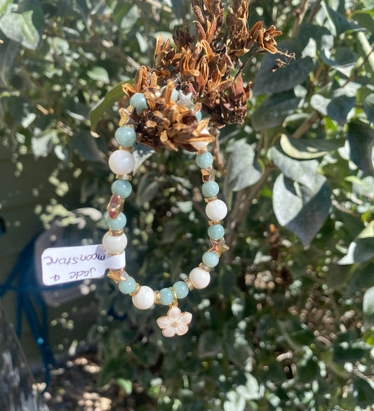 Moonstone & Jade Stretch Beaded Bracelet w/ White Sakura Charm