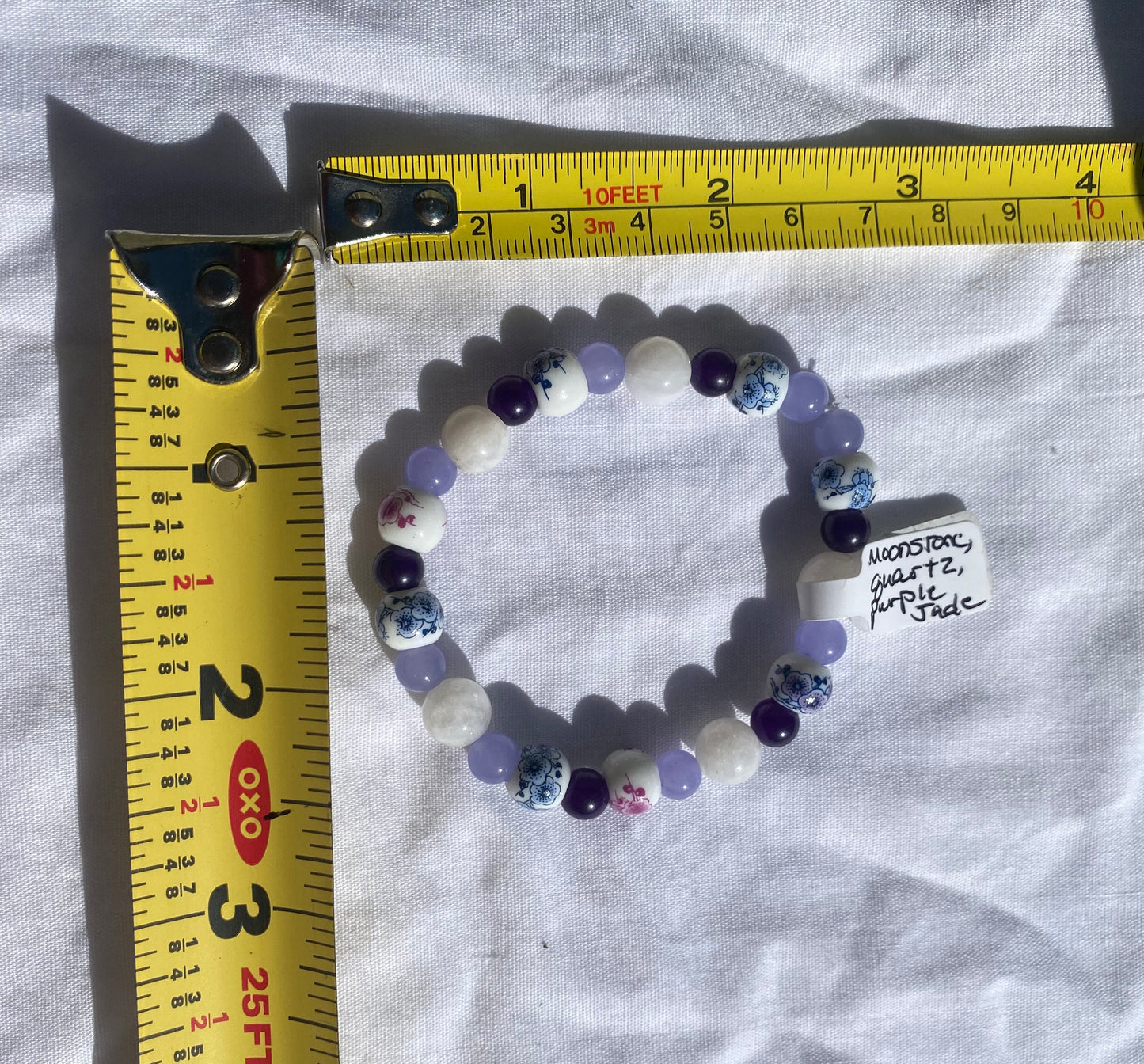Moonstone, Quartz, and Purple Jade Beaded Stretch Bracelet