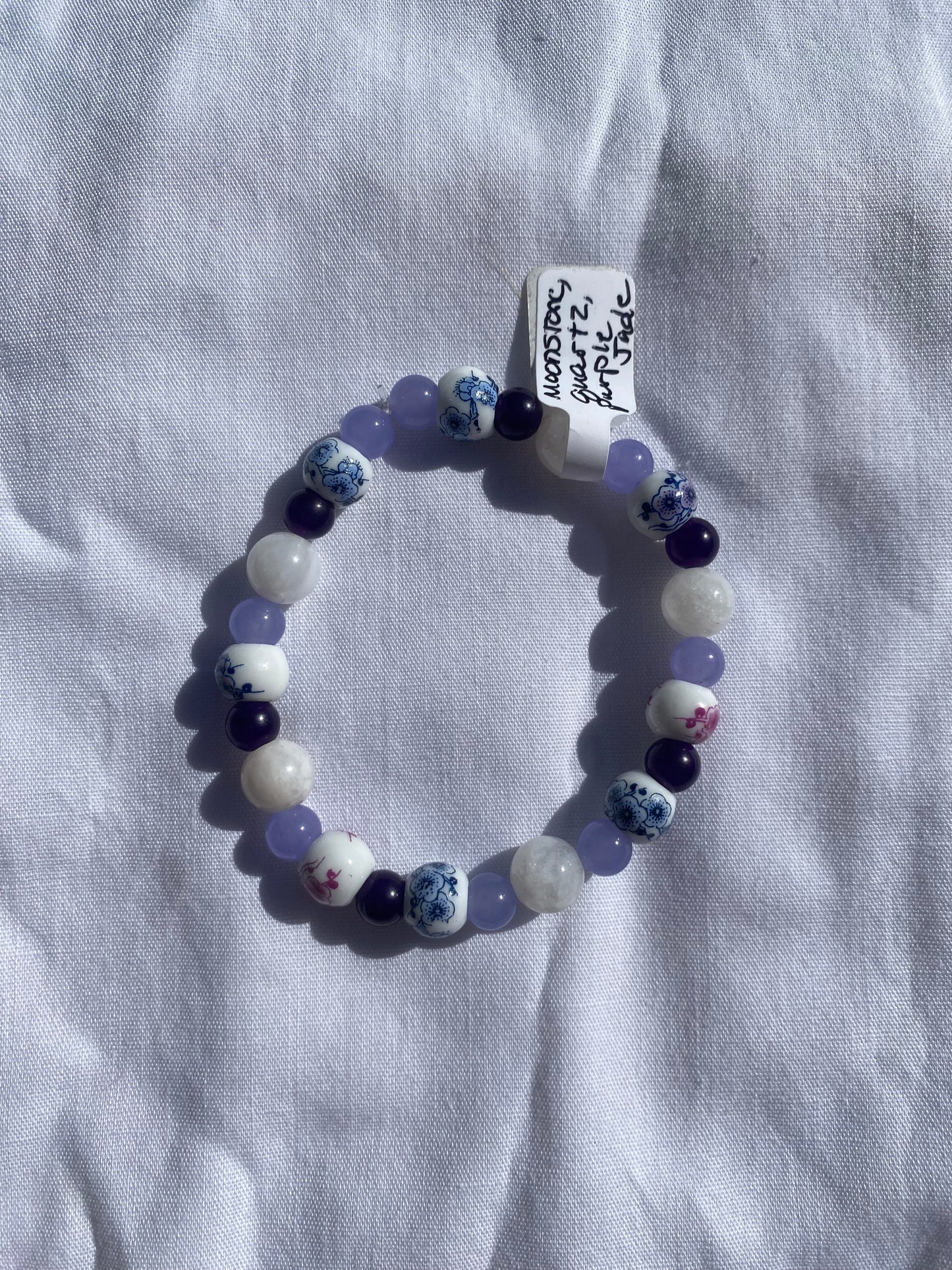 Moonstone, Quartz, and Purple Jade Beaded Stretch Bracelet