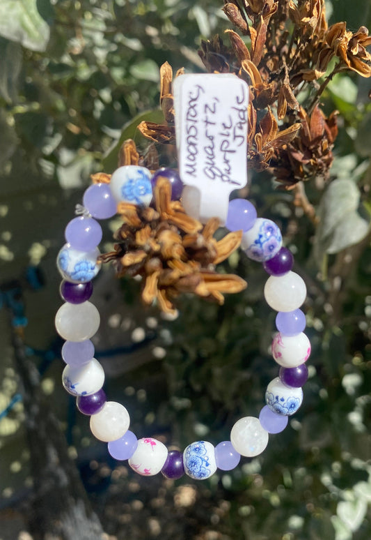 Moonstone, Quartz, and Purple Jade Beaded Stretch Bracelet