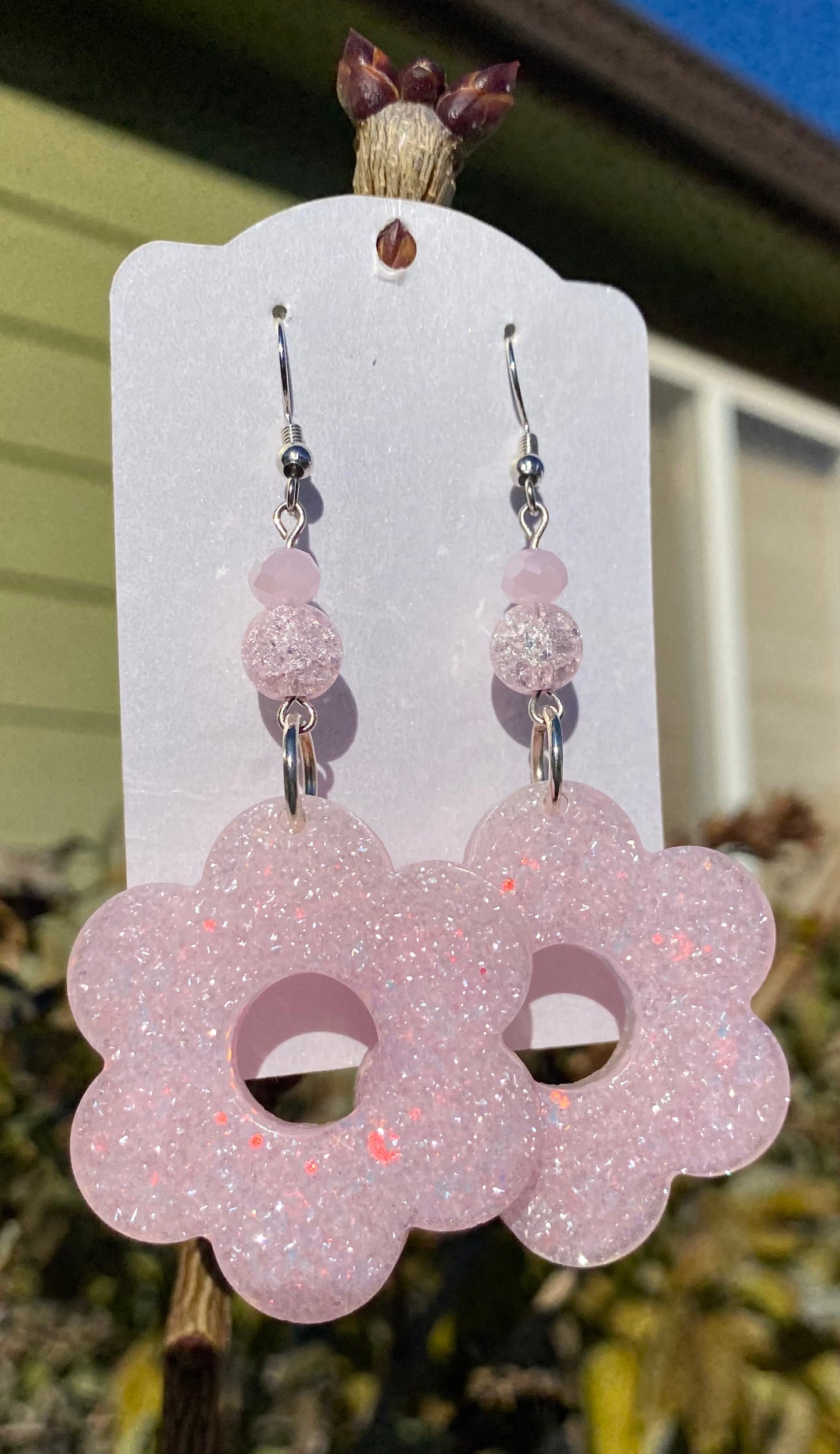 Pink Sparkle Flower Earrings