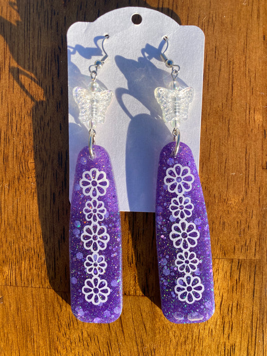 Glittery Purple Flower & Butterfly Earrings