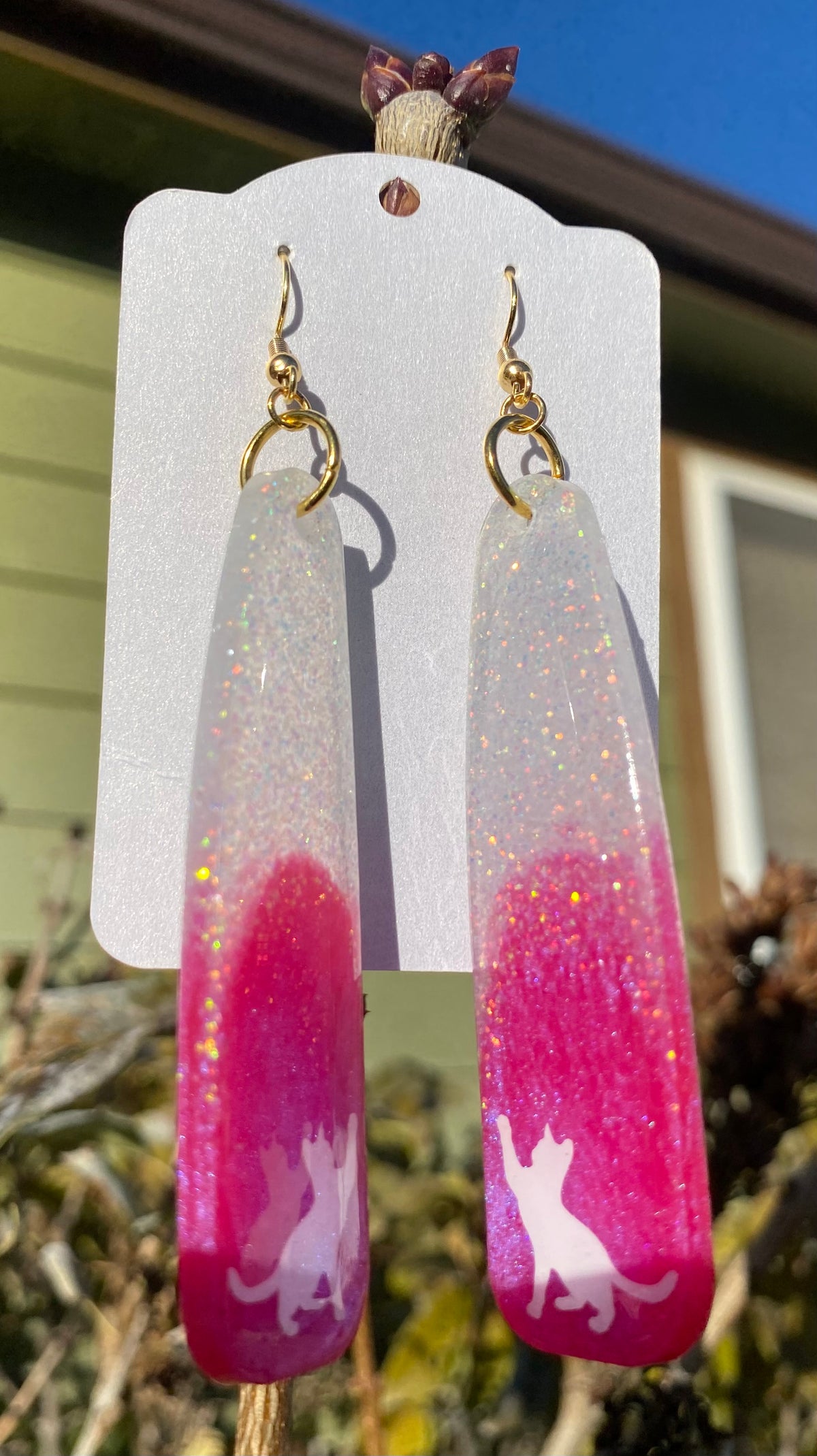 Pink and White Kitty Dangle Earrings