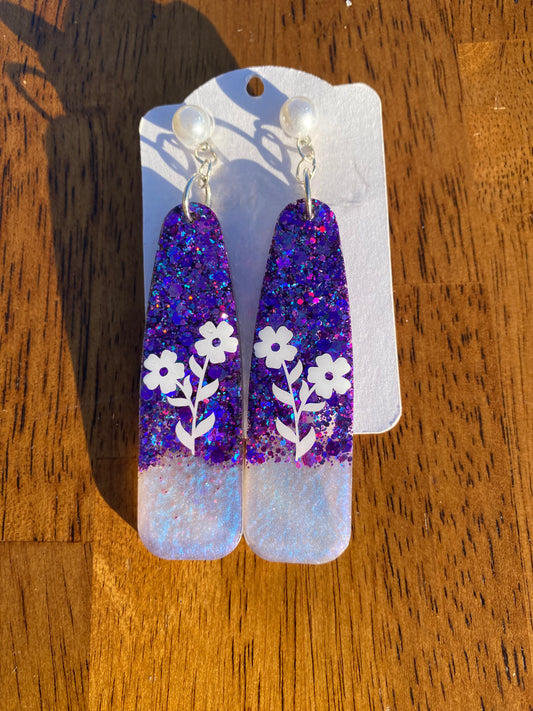 Purple Glitter Flower Dangle Earrings