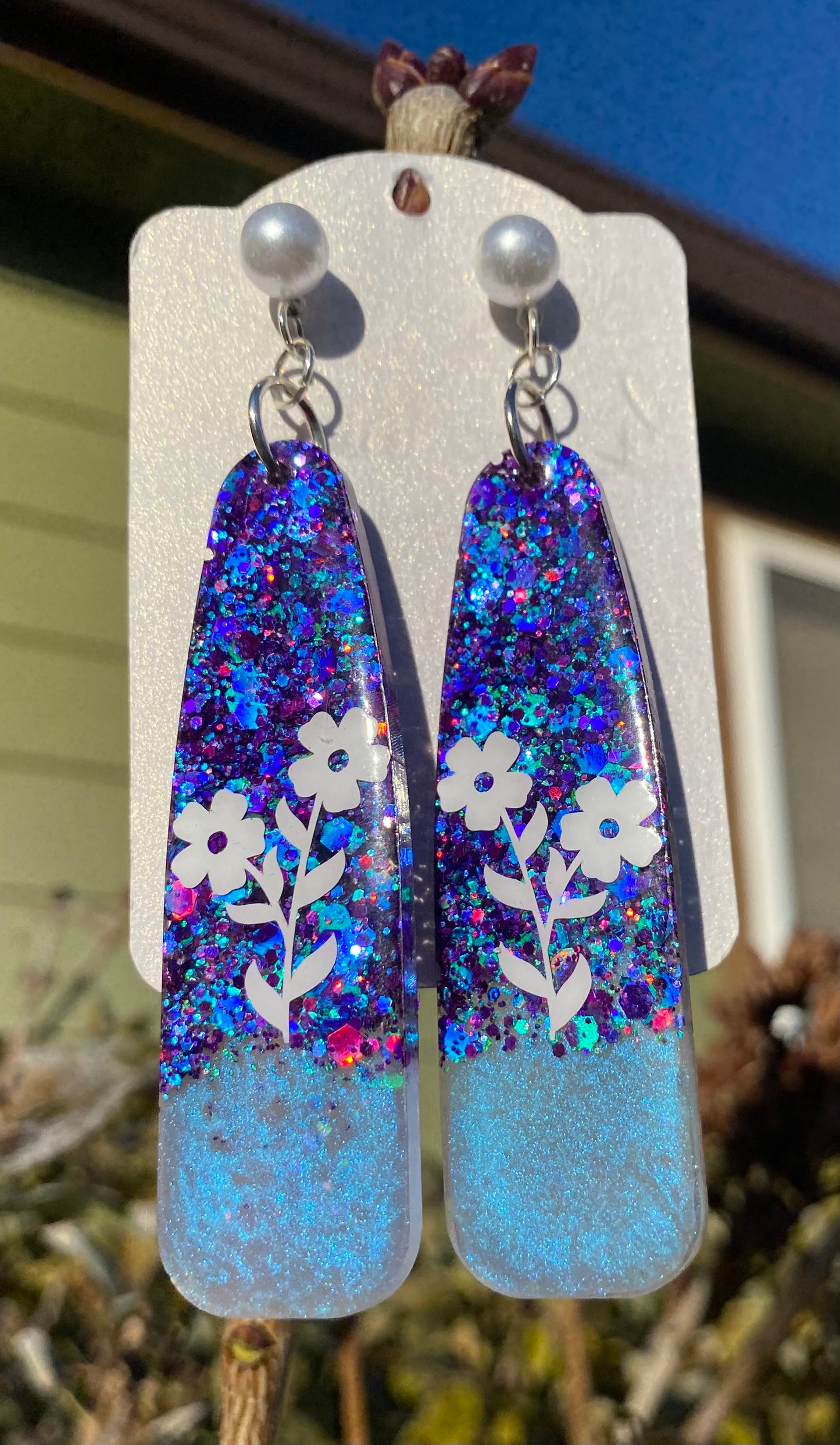 Purple Glitter Flower Dangle Earrings