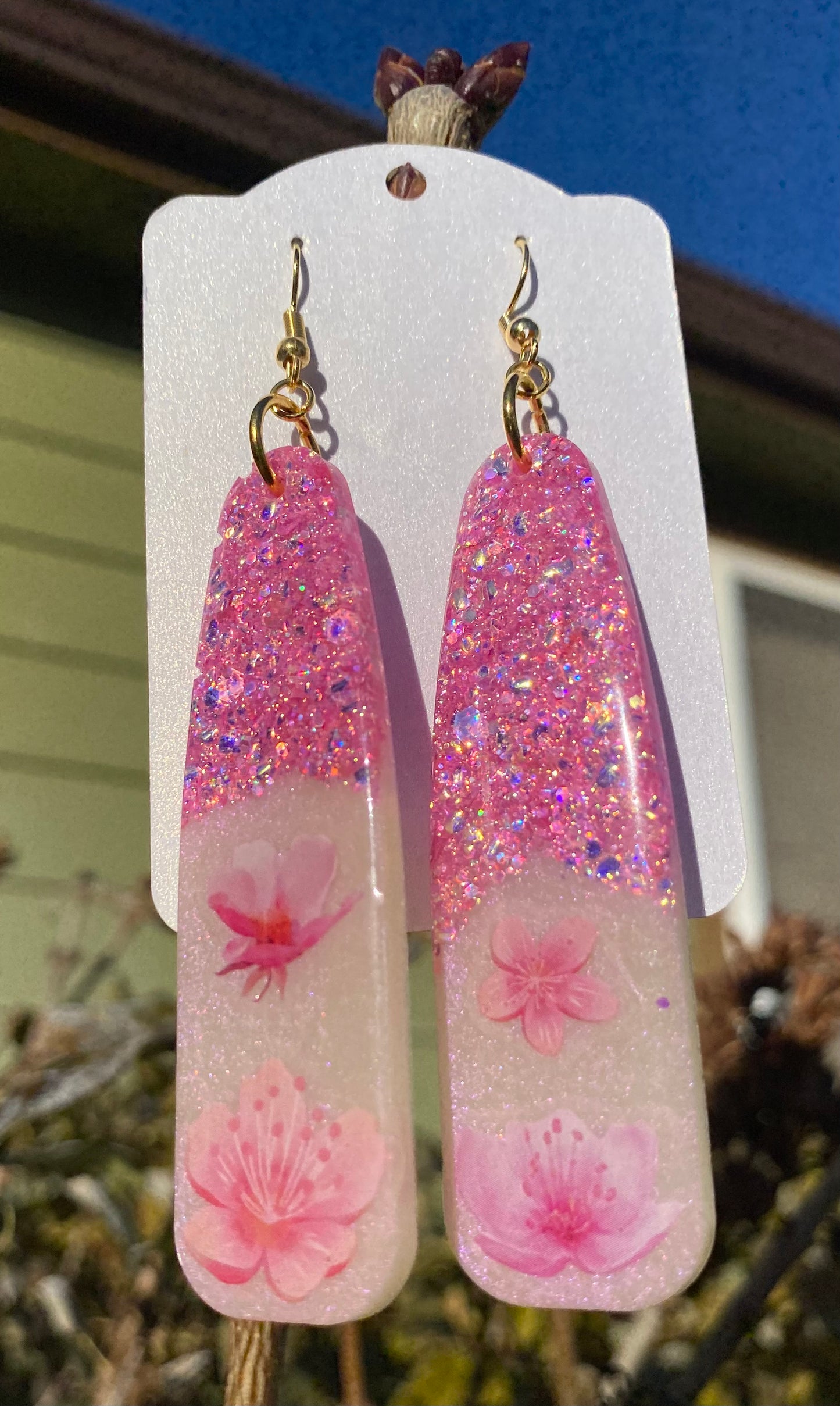 Pink and White Assymetrical Sakura Dangle Earrings