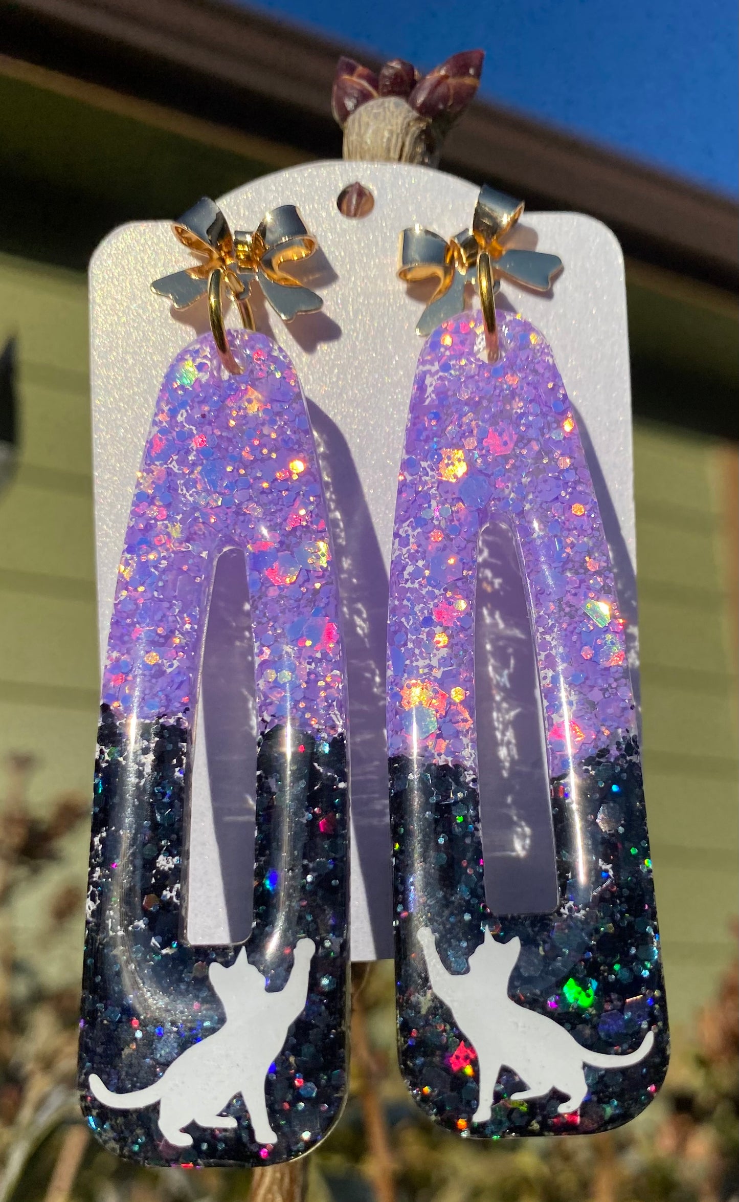 Purple and Black Kitty Dangle Earrings