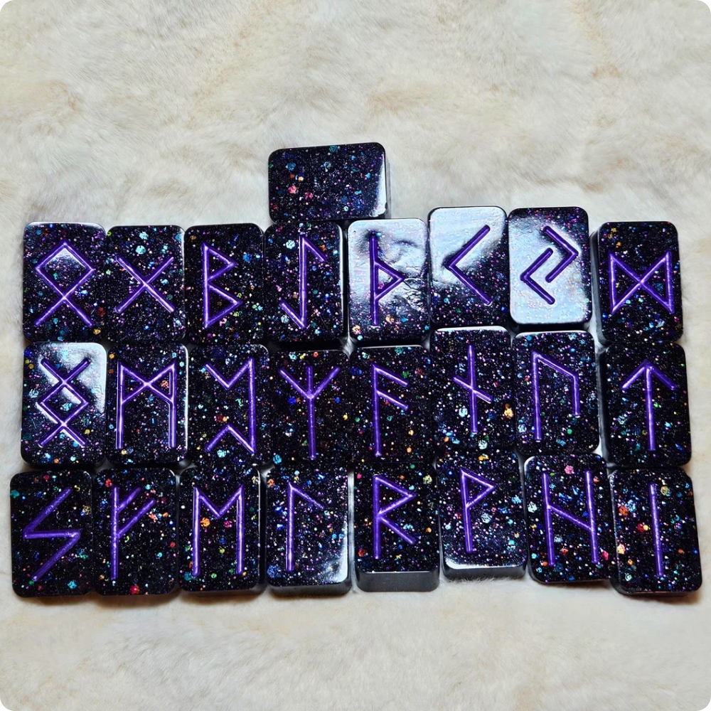 Black Holographic & Electric Purple Elder Futhark Norse Runestones