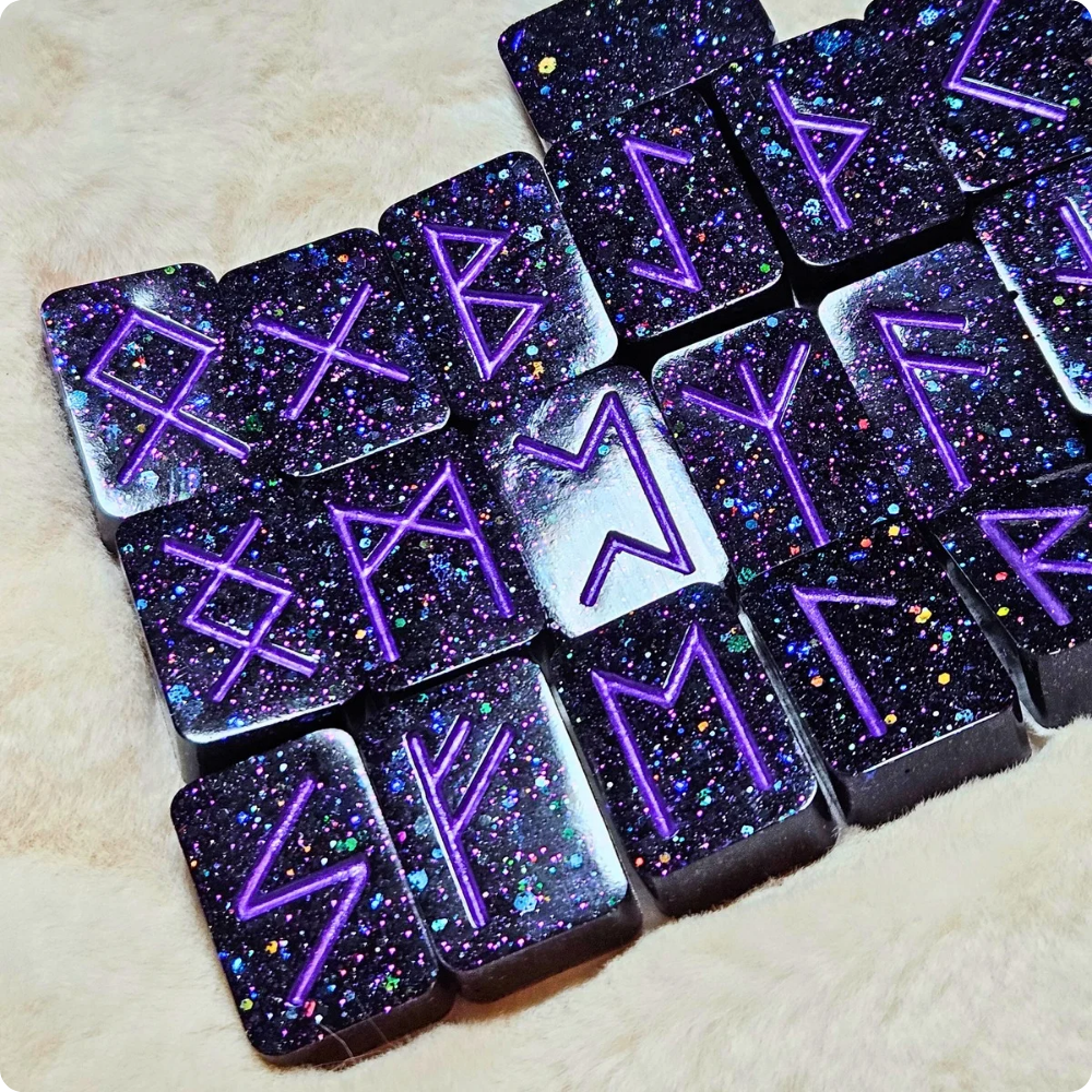 Black Holographic & Electric Purple Elder Futhark Norse Runestones