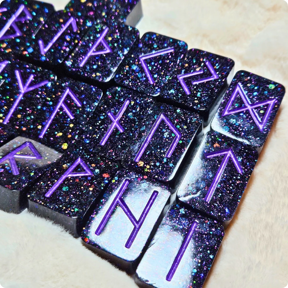 Black Holographic & Electric Purple Elder Futhark Norse Runestones