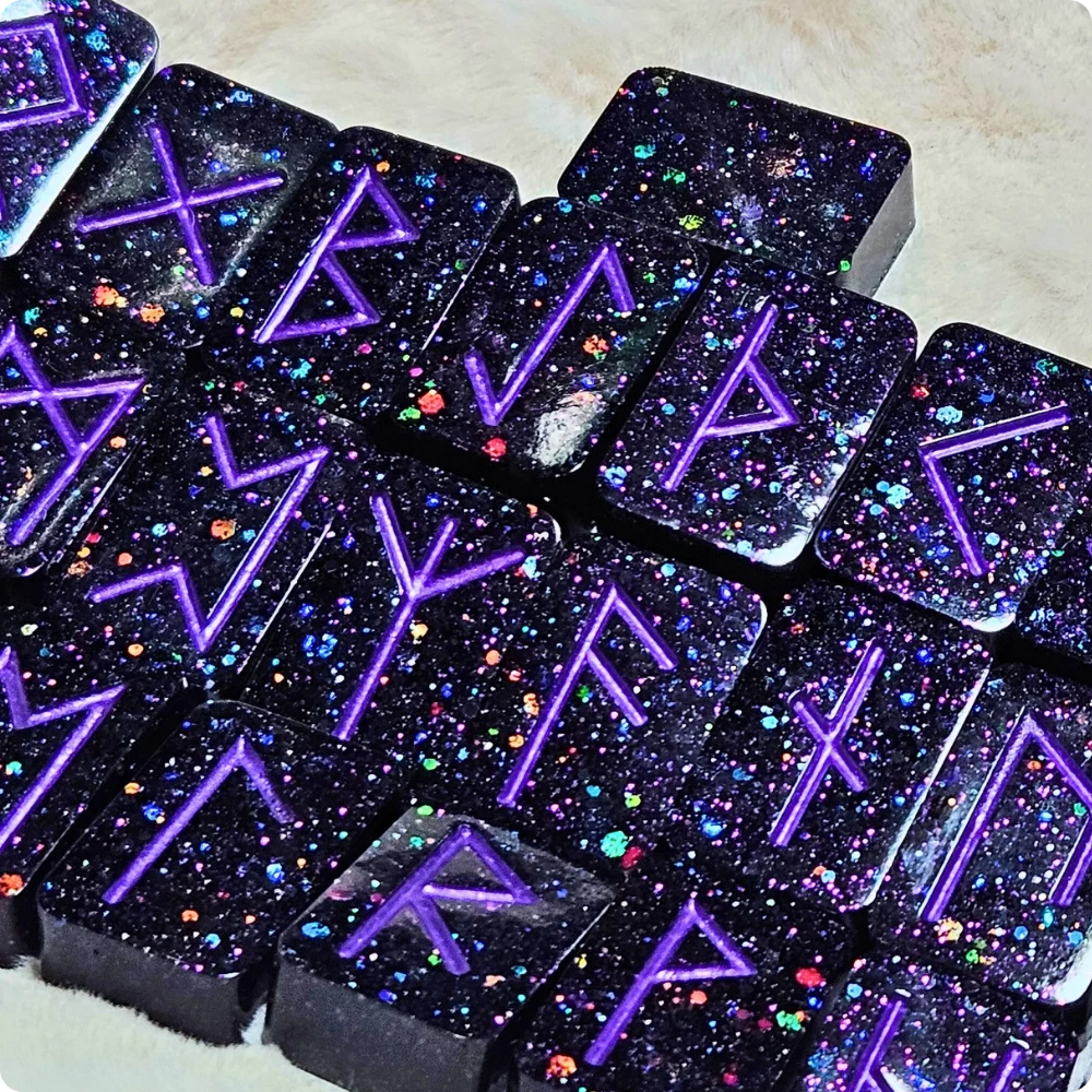 Black Holographic & Electric Purple Elder Futhark Norse Runestones